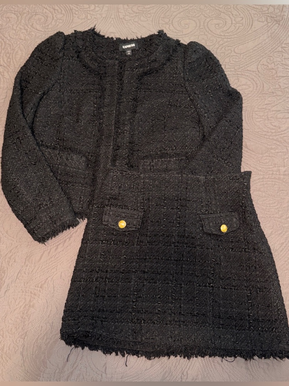 Express Black Tweed Two-Piece Skirt Set with Gold Buttons
